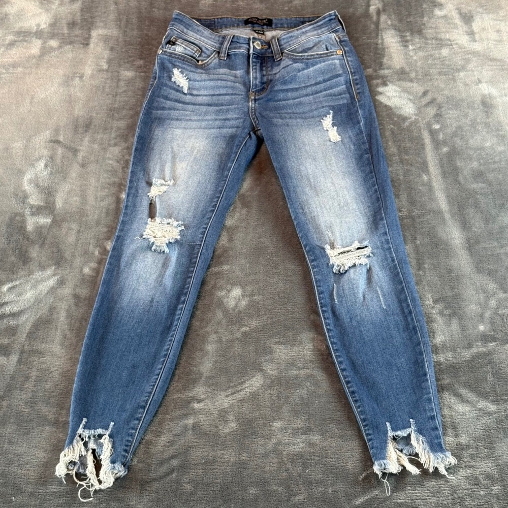 Judy Blue Distressed Skinny Jeans 3/26 Medium Wash Raw Frayed Hem Mid Rise
